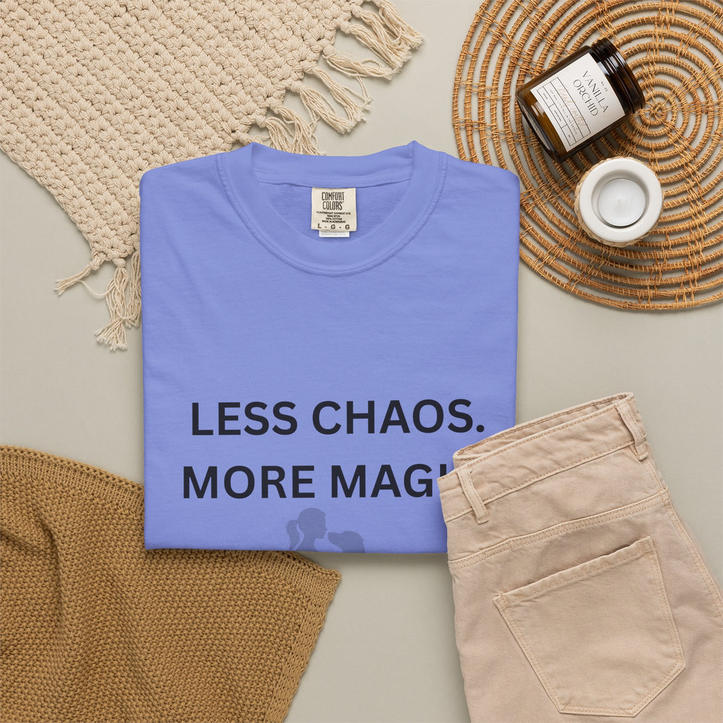Less Chaos, More Magic T-Shirt — Woman + Dog Silhouette Graphic Tee