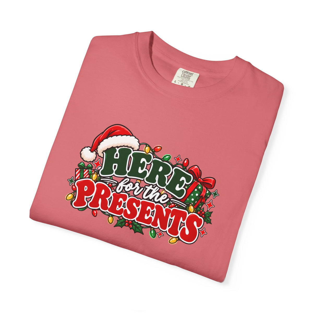 Red graphic Christmas T-shirt with Santa hat and “Here for the Presents” design
