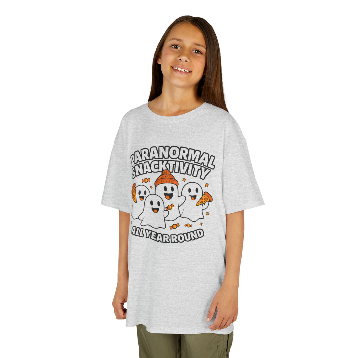 Kids ash gray T-shirt with cute ghost cartoon graphic and 'All Year Round' text