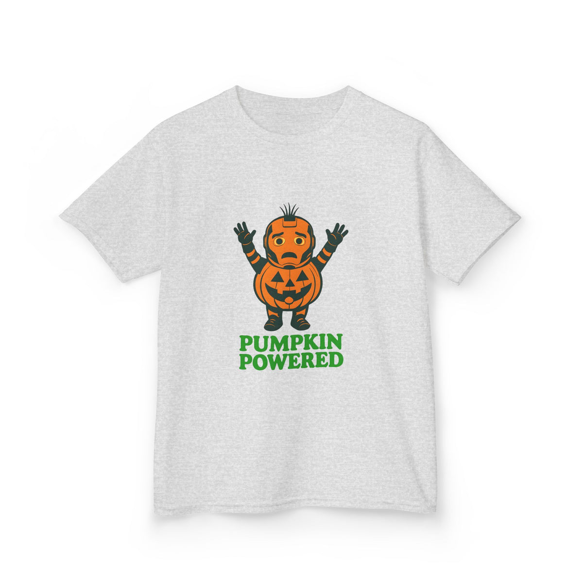 Kids Halloween t-shirt, heather gray front with pumpkin-powered jack-o-lantern graphic