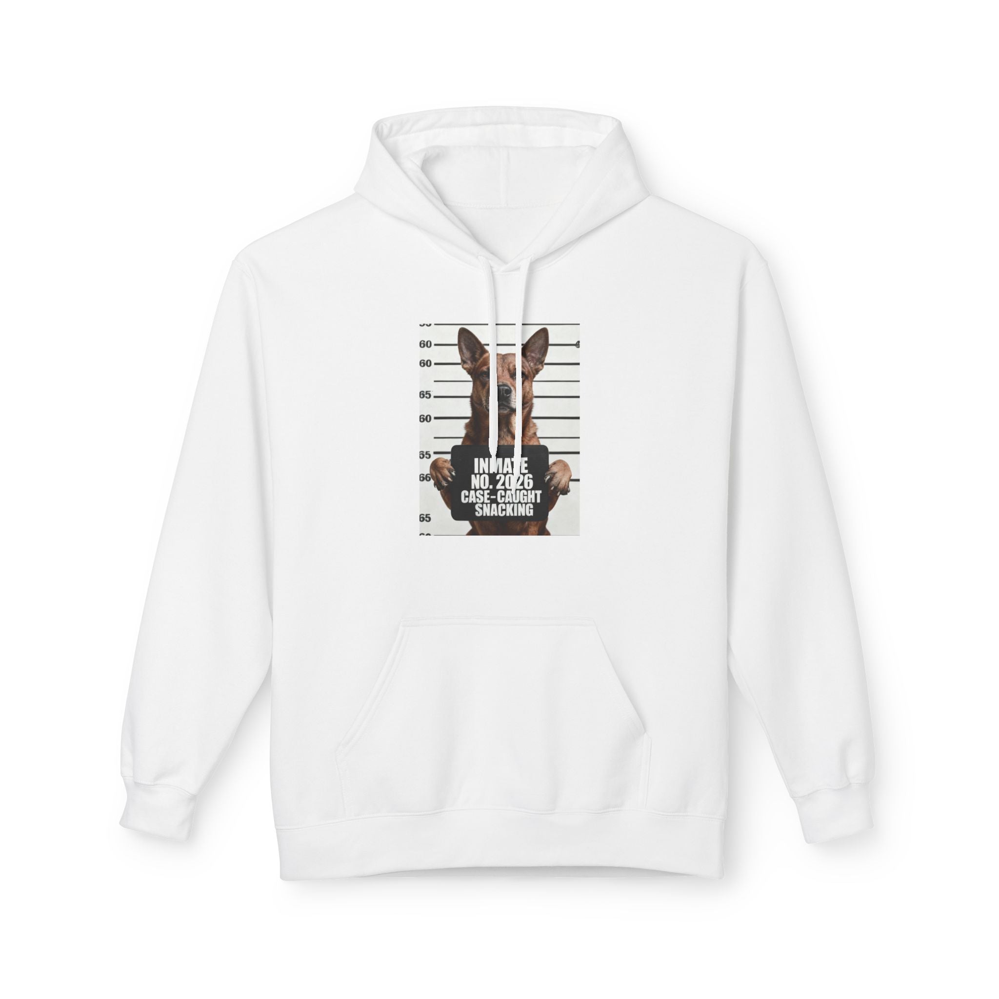 White pullover hoodie with front kangaroo pocket and dog mugshot graphic