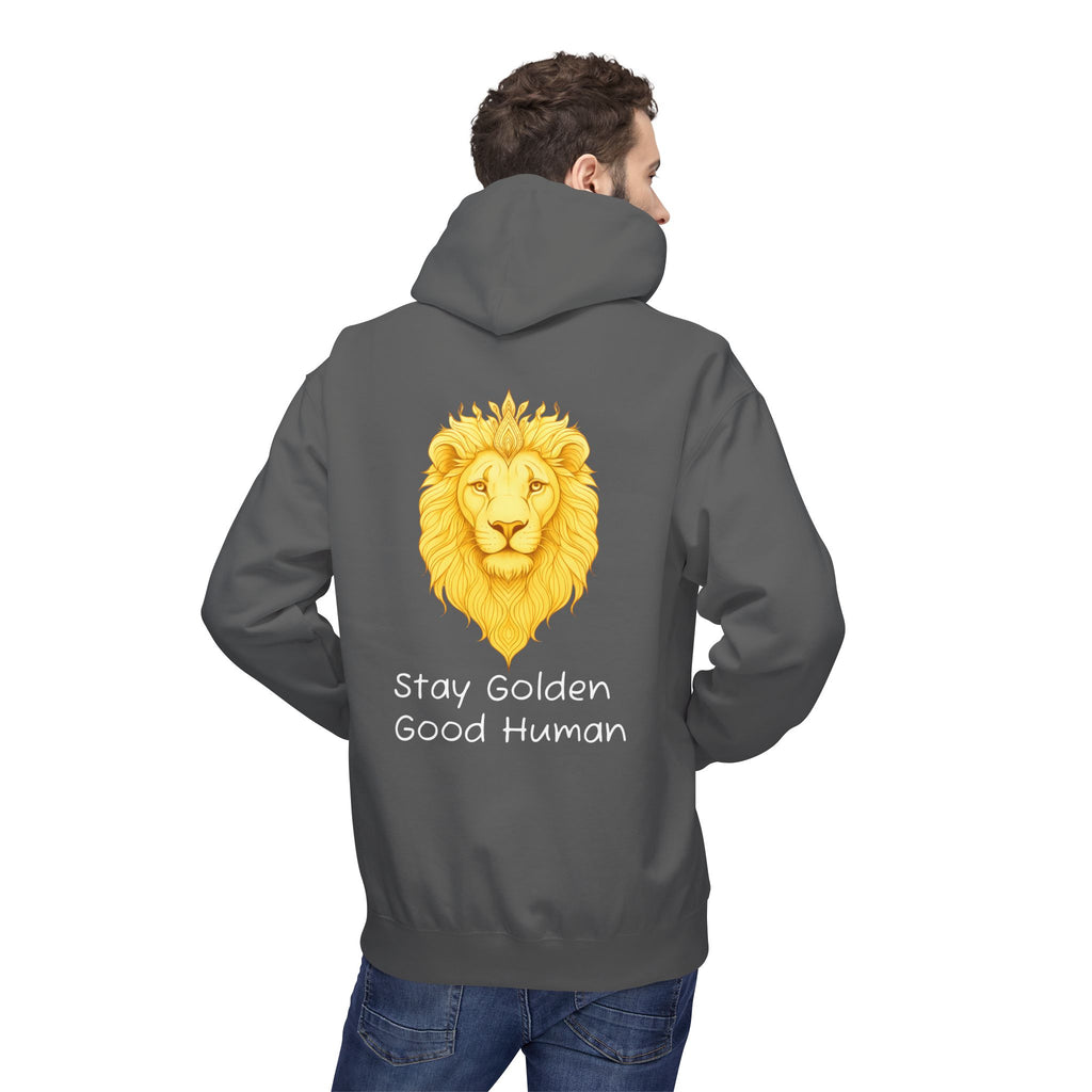Unisex dark gray hoodie, back view, with golden lion graphic and “Stay Golden Good Human”
