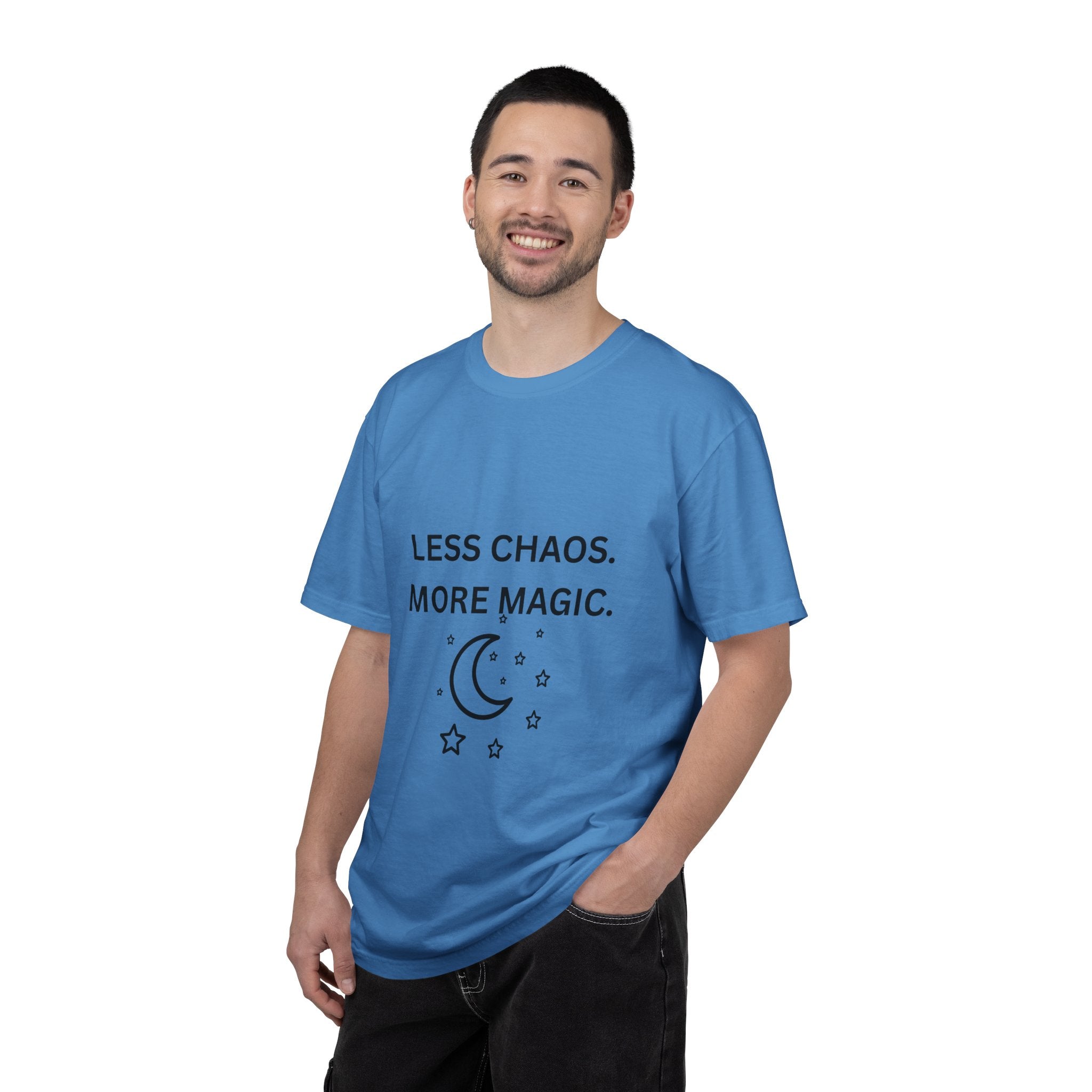 Less Chaos, More Magic T-Shirt — Crescent Moon + Stars Graphic Tee