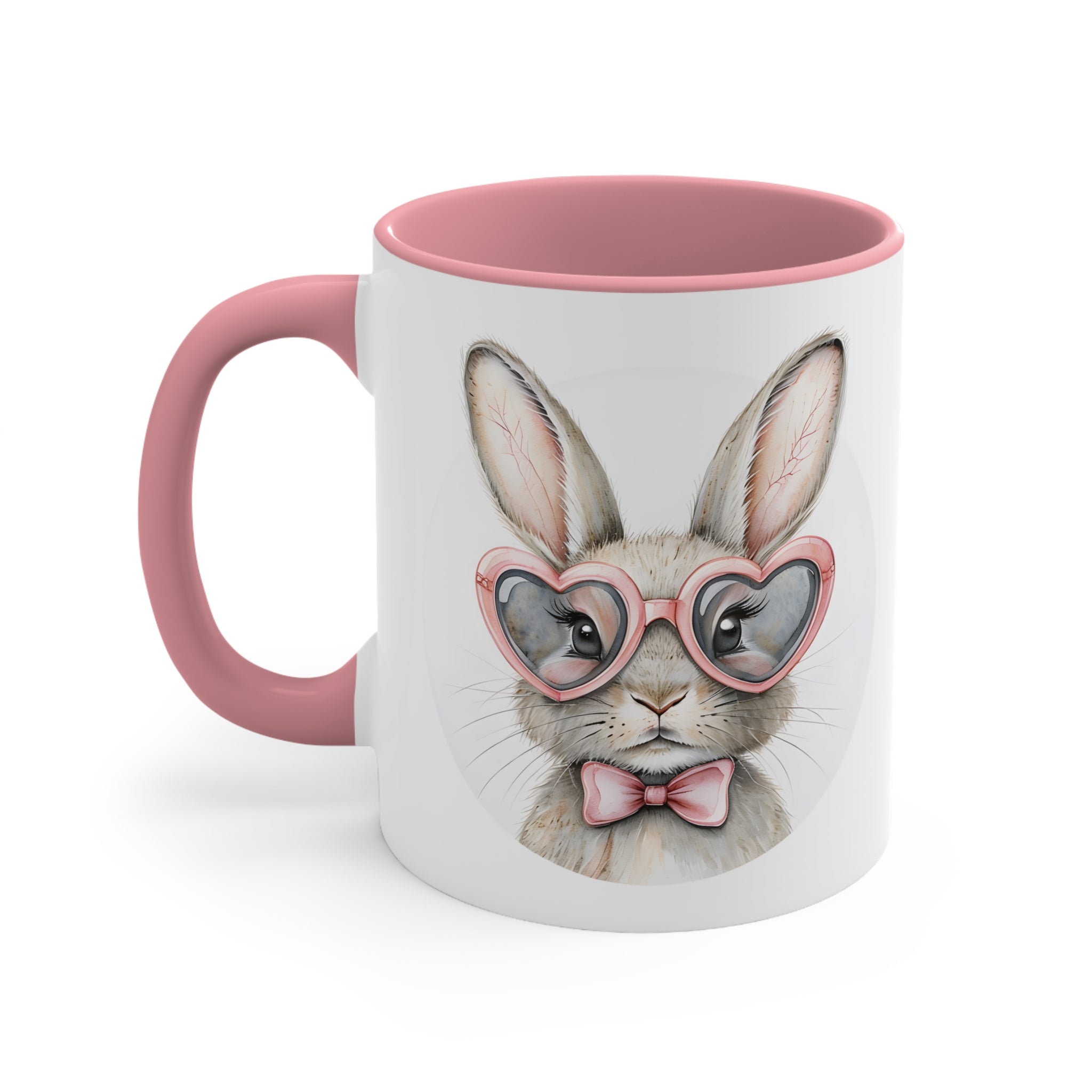 White ceramic mug with pink rim and handle, front bunny face with glasses and bow