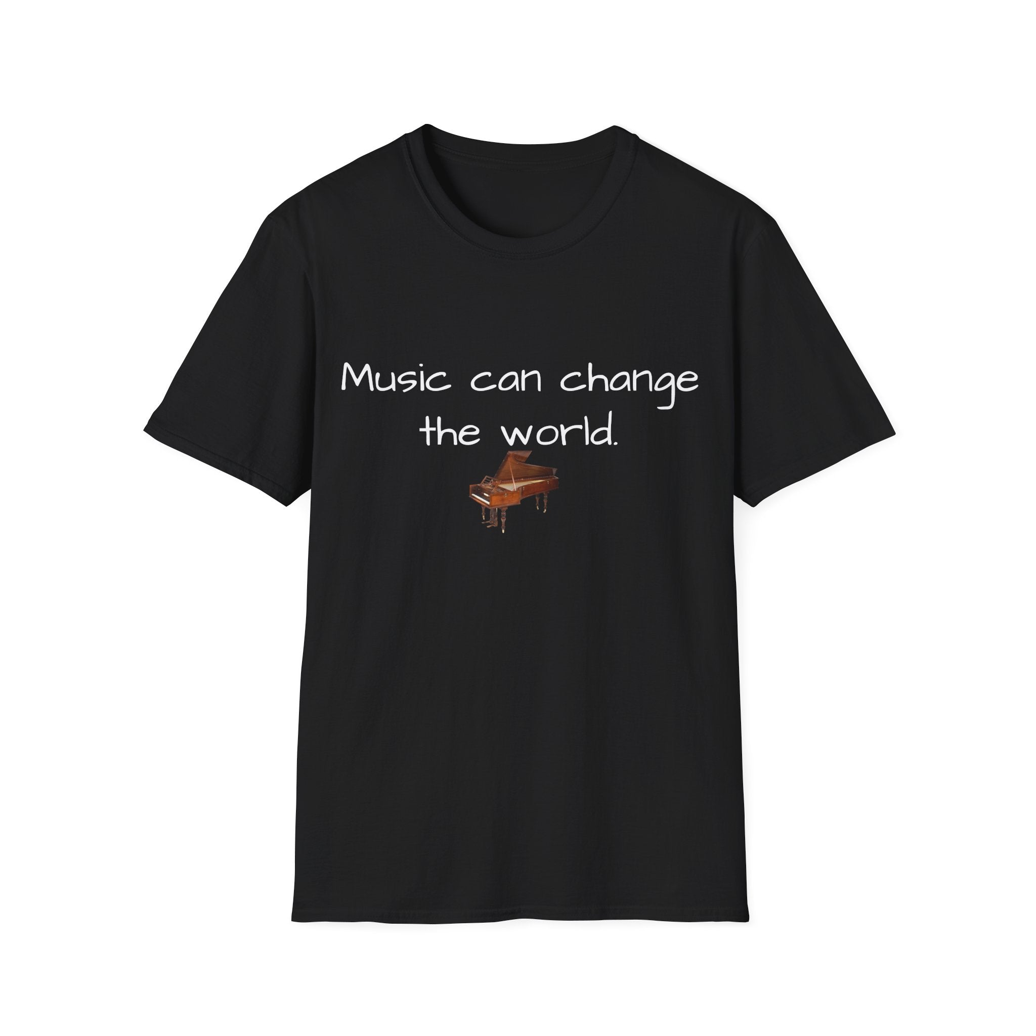 Black unisex T-shirt with 'Music can change the world' text and piano graphic
