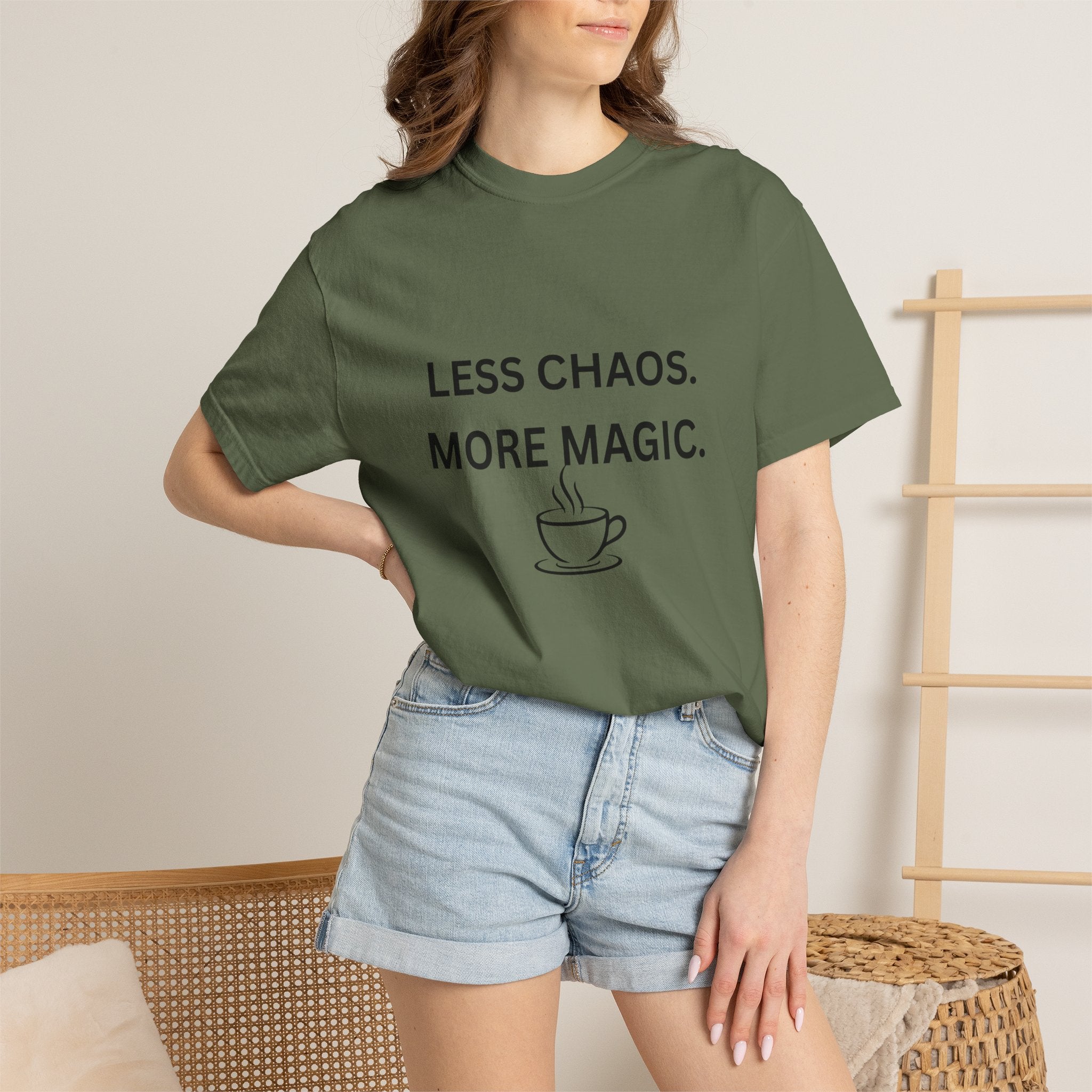 Less Chaos, More Magic T-Shirt — Cozy Coffee Cup Graphic Tee