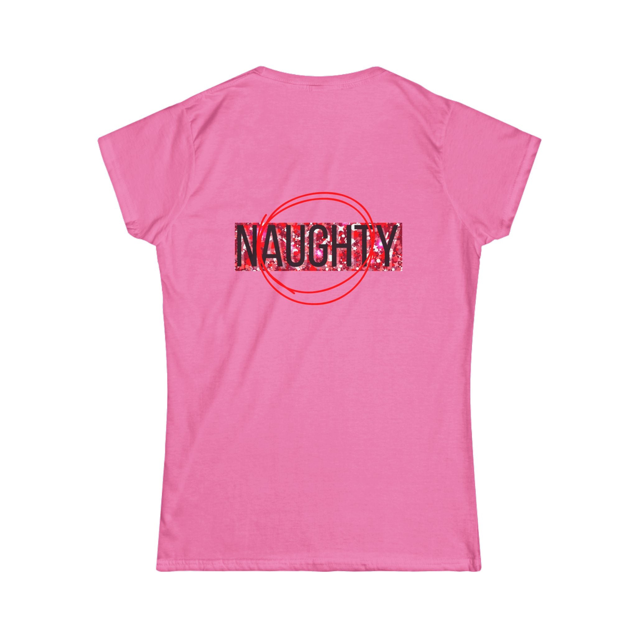 Women's graphic tee, pink back with 'NAUGHTY' holiday lettering and red ring