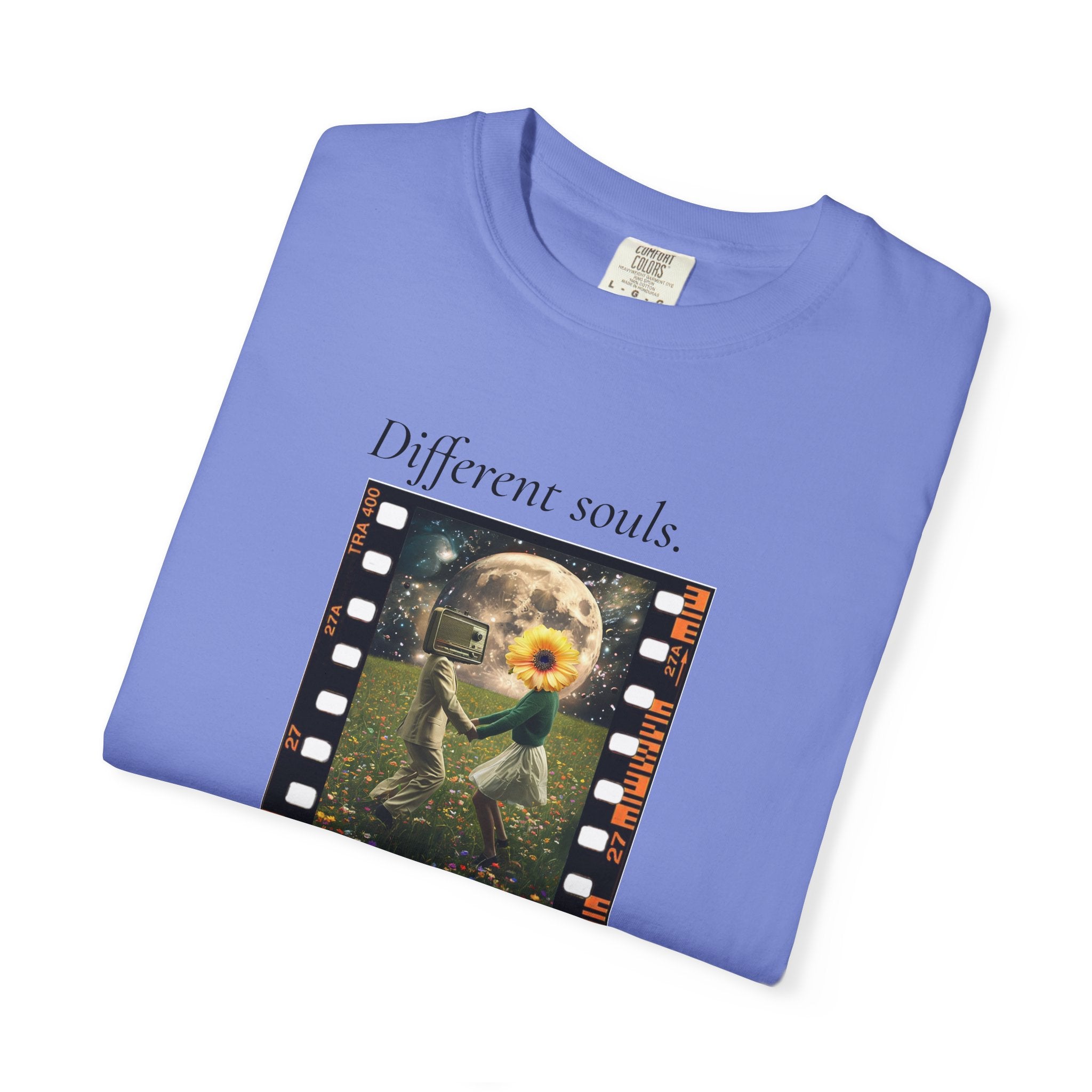 Purple crew-neck graphic t-shirt with “Different souls” film print