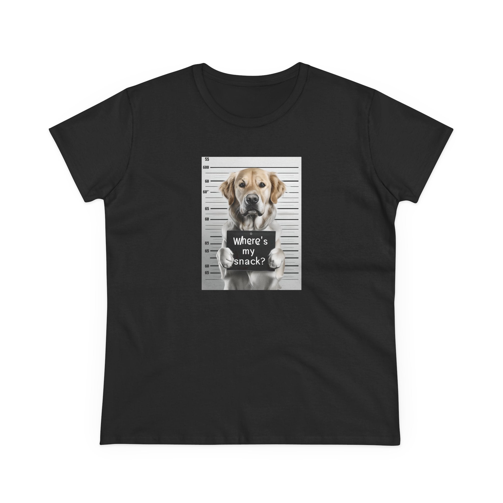 Black dog graphic T-shirt with “where’s my snack?” text in centered print