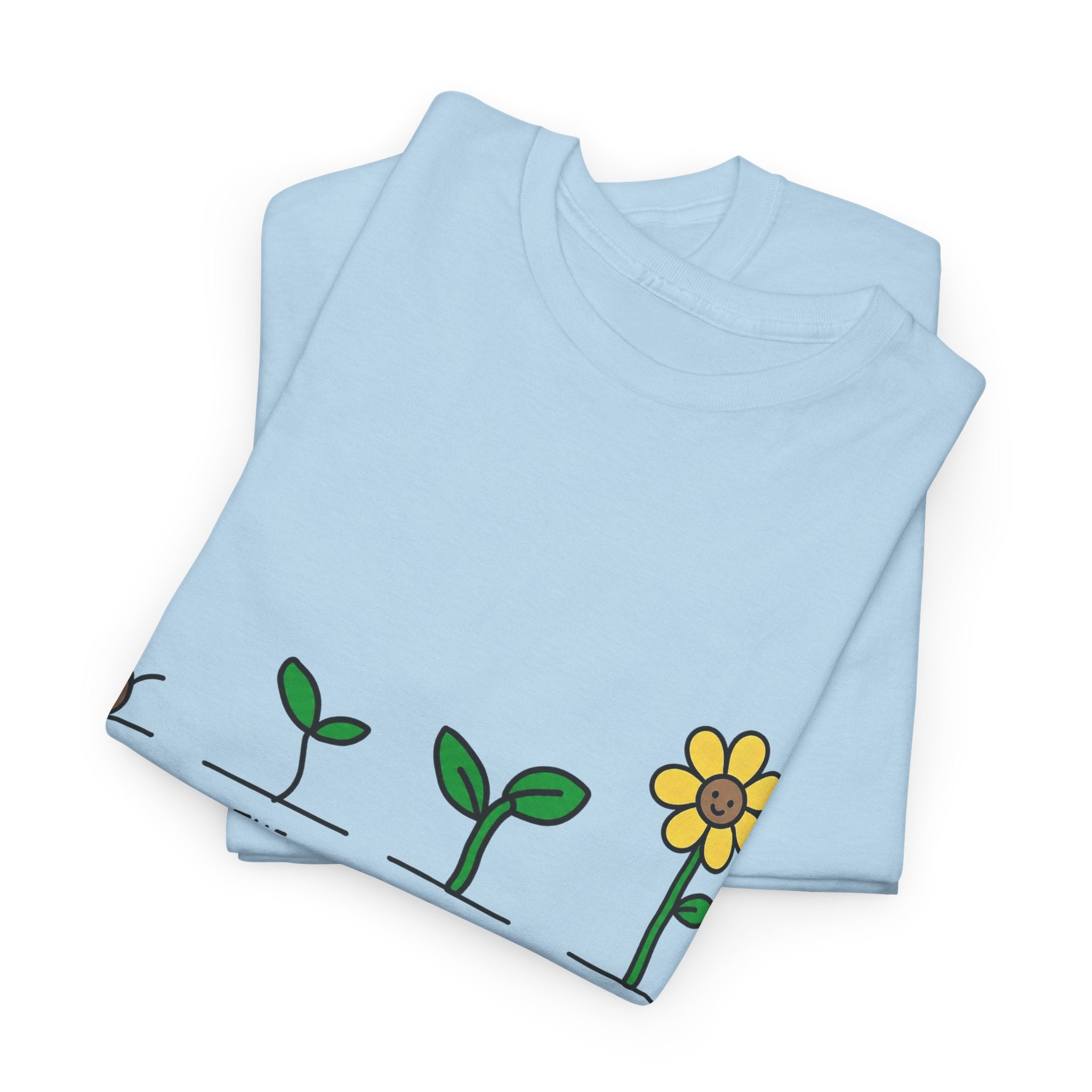 Light blue crewneck T-shirt with green seedling stems and yellow flower graphic