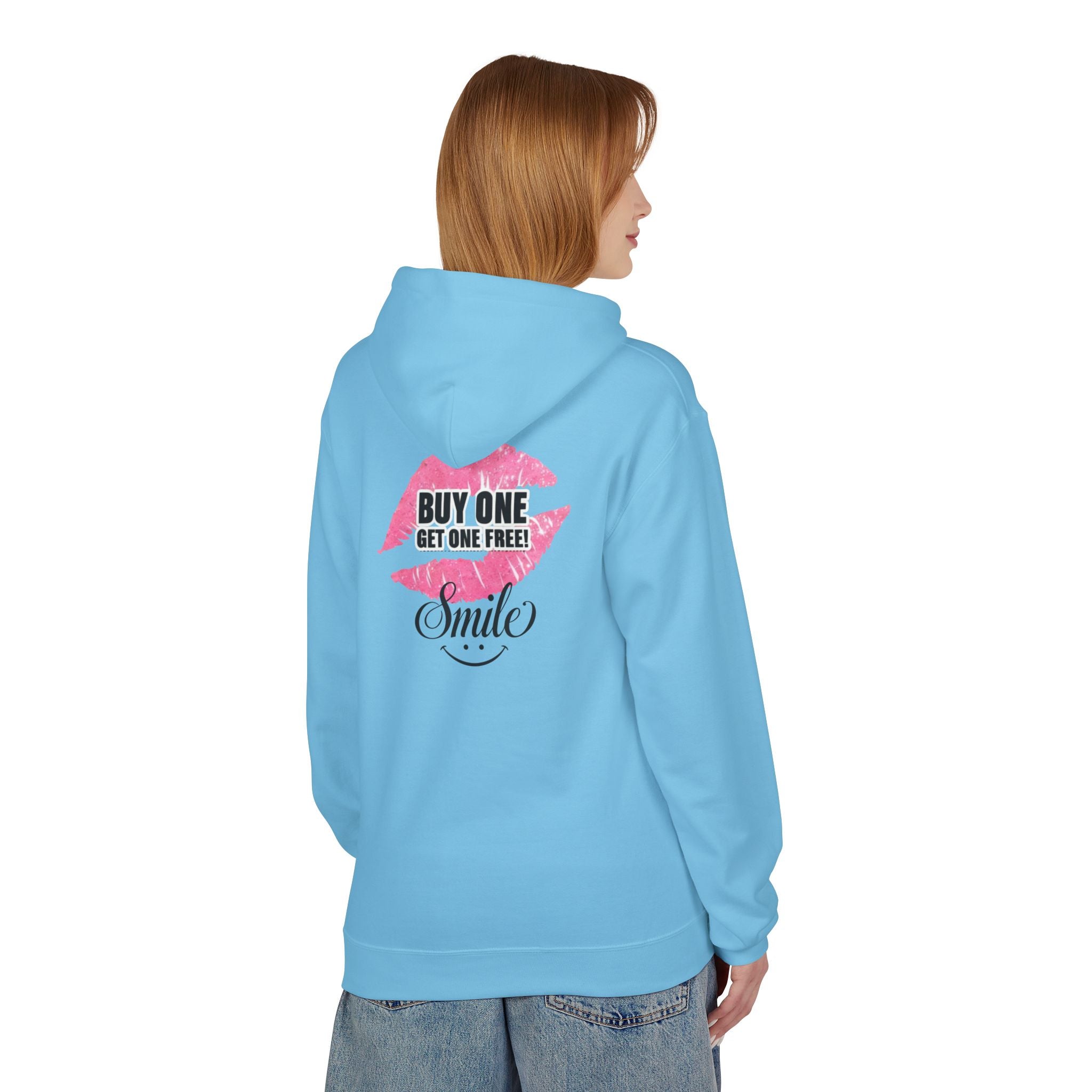 Sky blue zip-up hoodie with pink back graphic reading “BUY ONE GET ONE FREE”