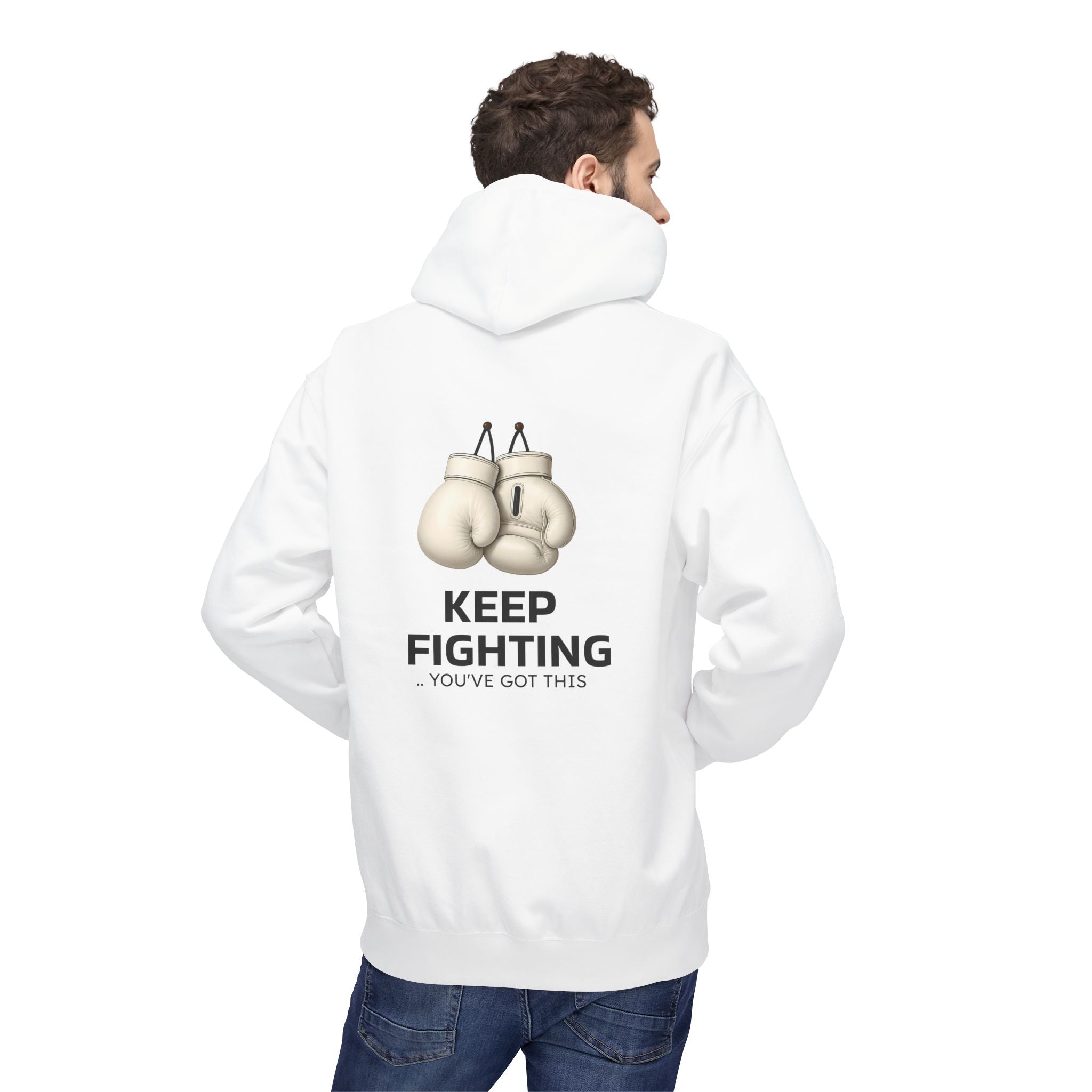 White hoodie with back boxing-glove graphic and “KEEP FIGHTING” text