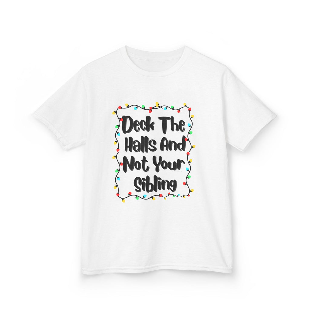 White kids T-shirt with colorful wreath light graphic and "Deck the Halls" text