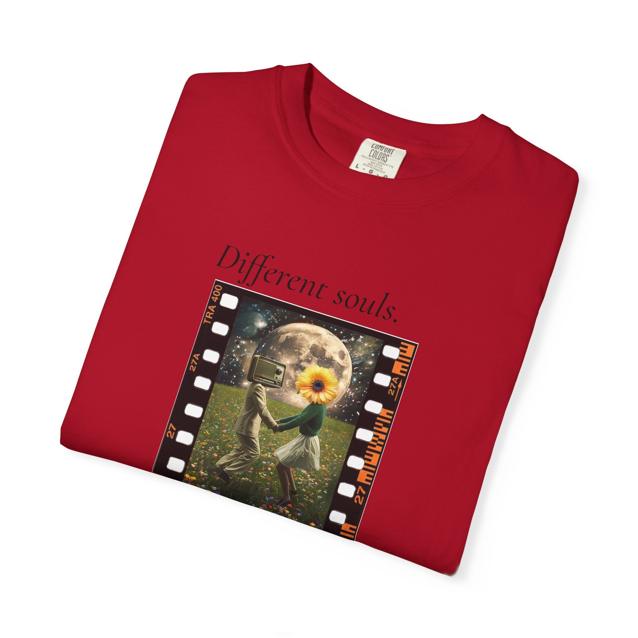 Red crewneck T-shirt with filmstrip-style “Different souls” graphic on front