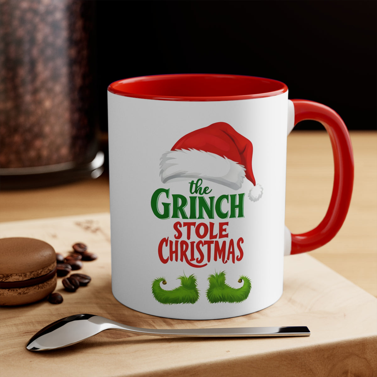Red interior accent mug with red handle and white body, Grinch holiday graphic