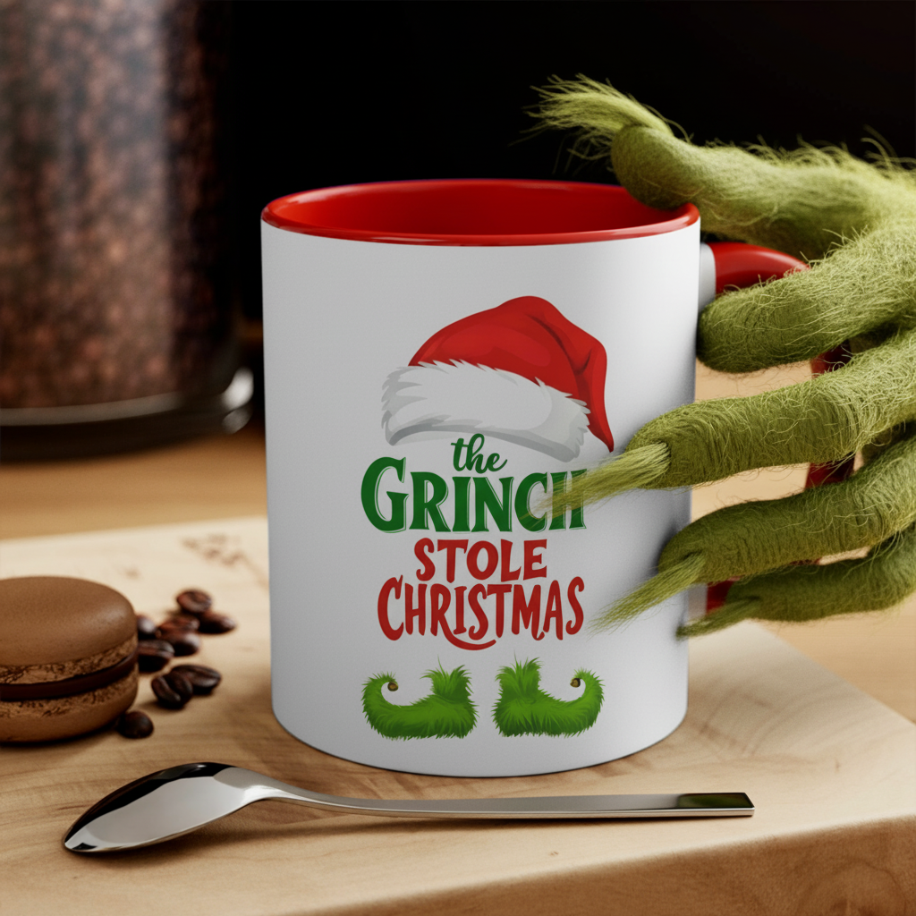 Red interior accent mug with white body and Grinch holiday graphic