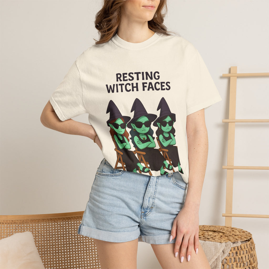 Ivory T-shirt on model with “RESTING WITCH FACES” text and green witch graphic