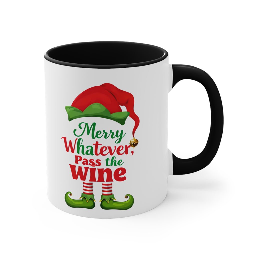 Black coffee mug with Christmas elf graphic and “Merry Whatever, Pass the Wine”