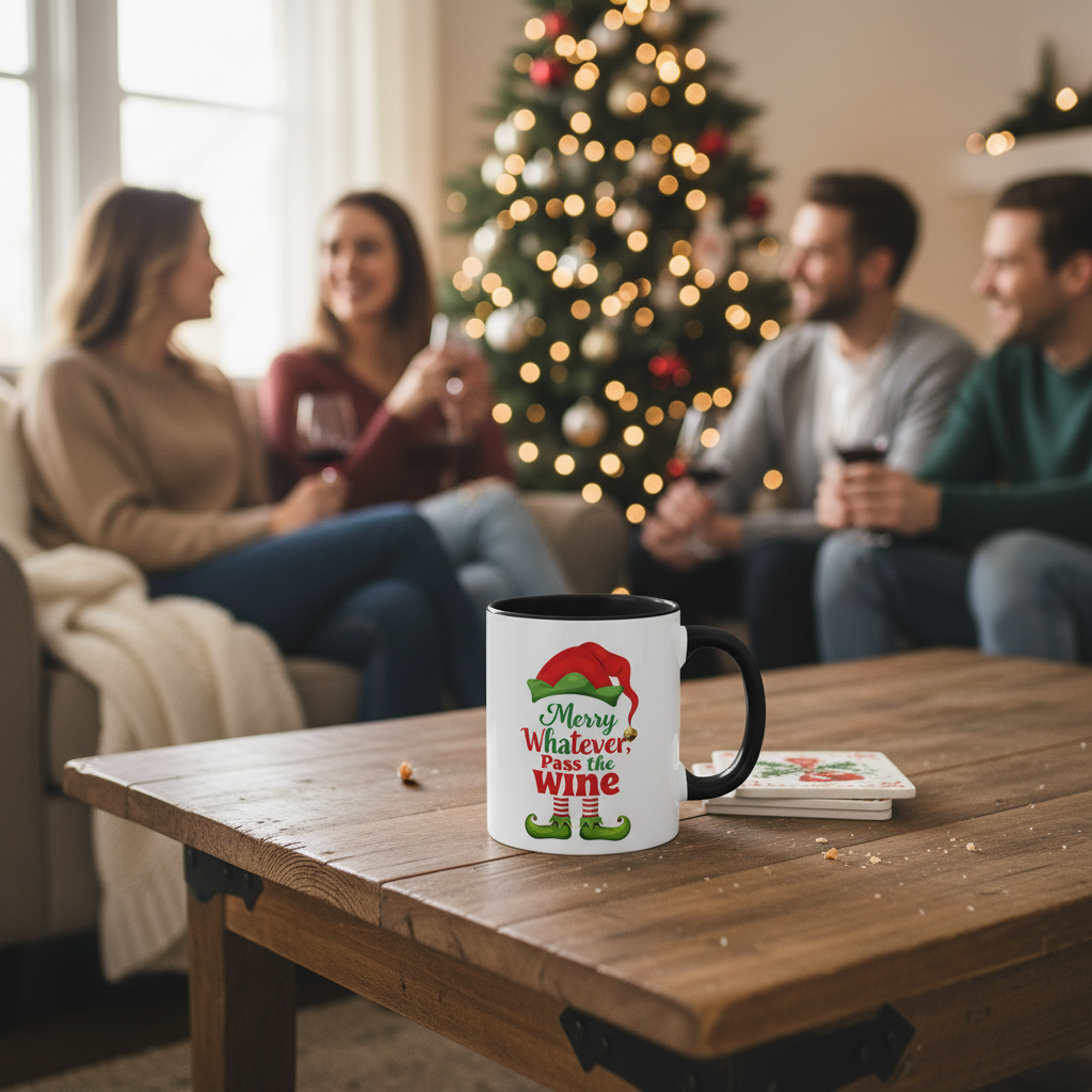 Black coffee mug with Christmas elf graphic and “Merry Whatever, Pass the Wine”