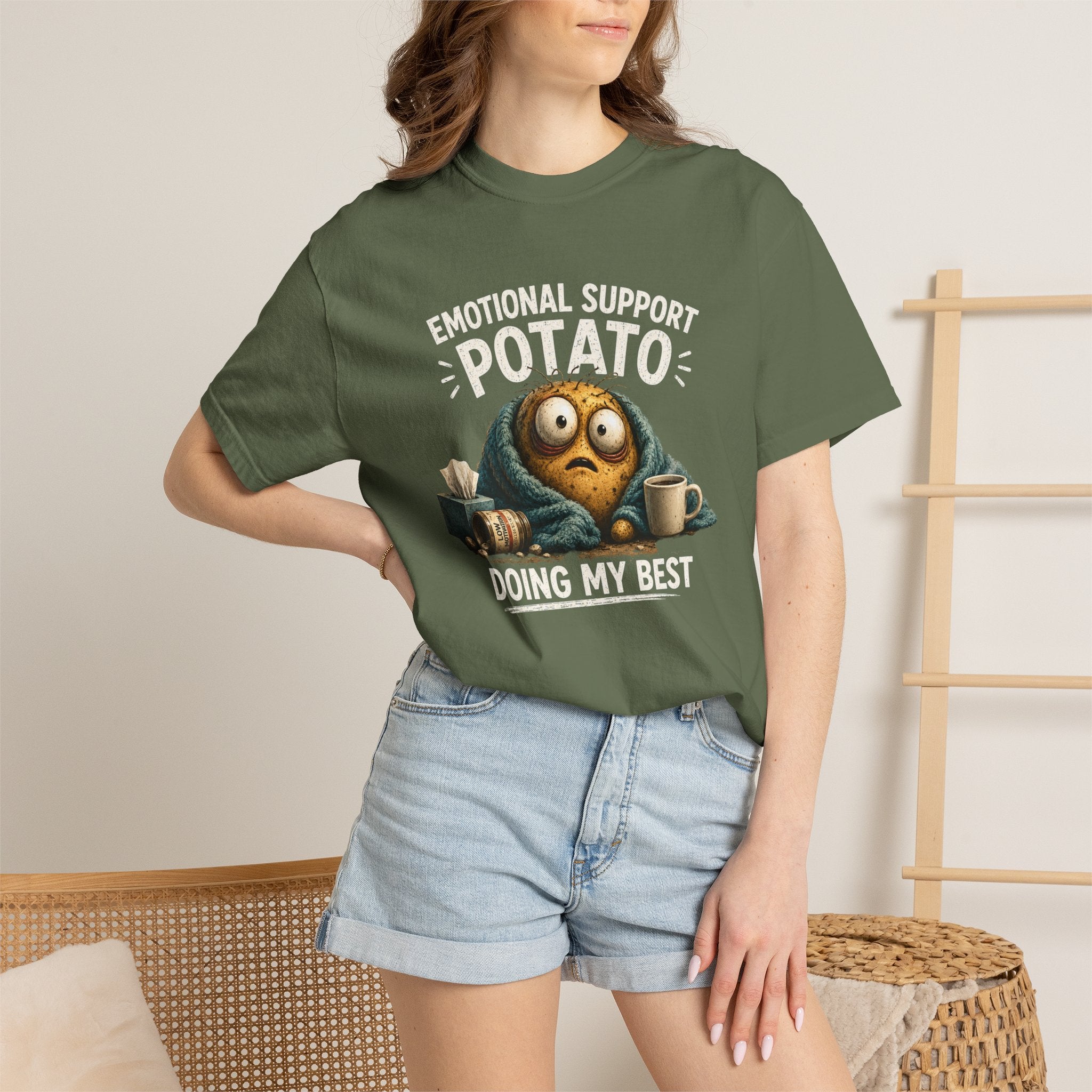 Green Emotional Support Potato T-shirt with 'Doing My Best' graphic print