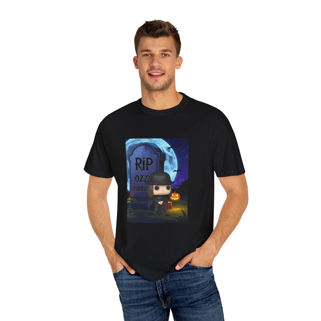 Black unisex T-shirt with Halloween graveyard “RIP” graphic worn by a man