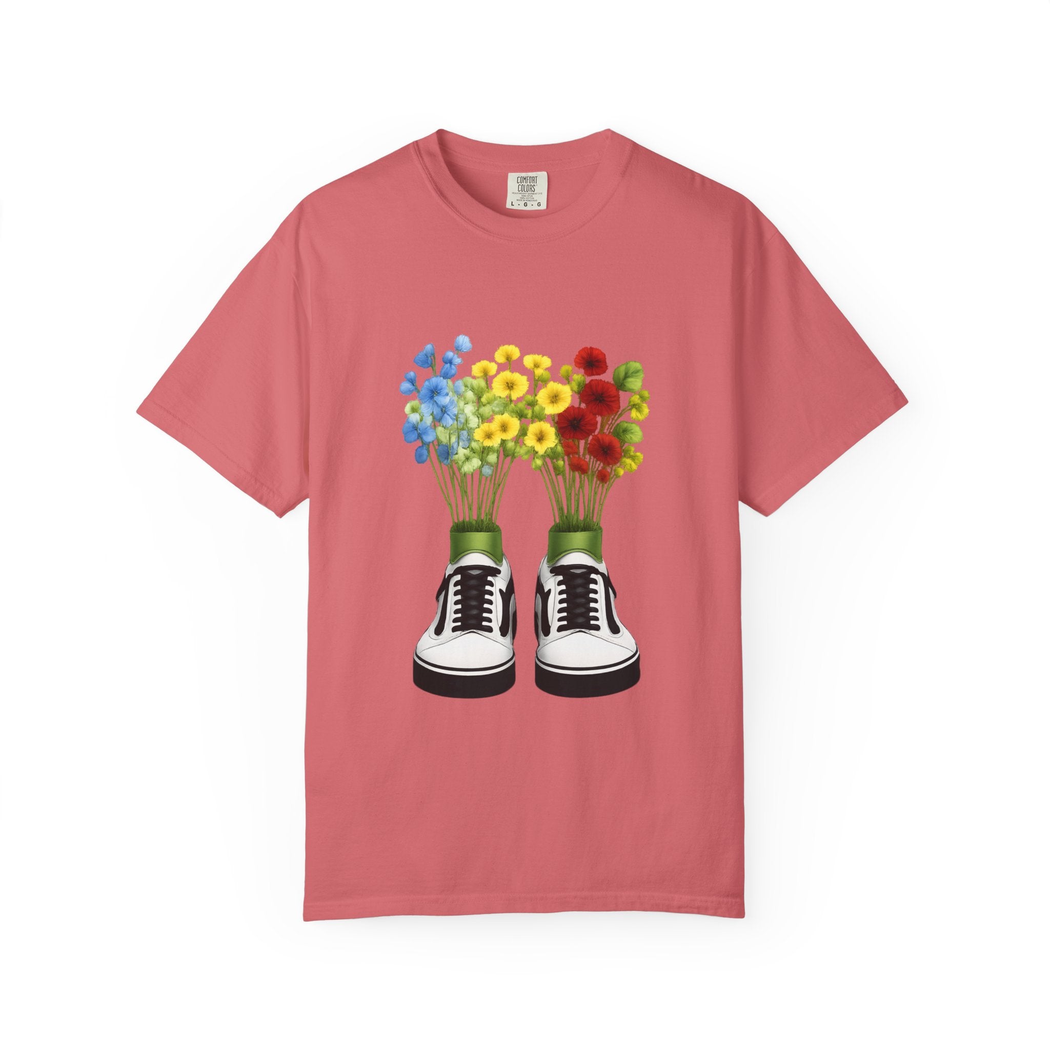 Coral red T-shirt with sneaker-and-flower bouquet graphic centered on the front