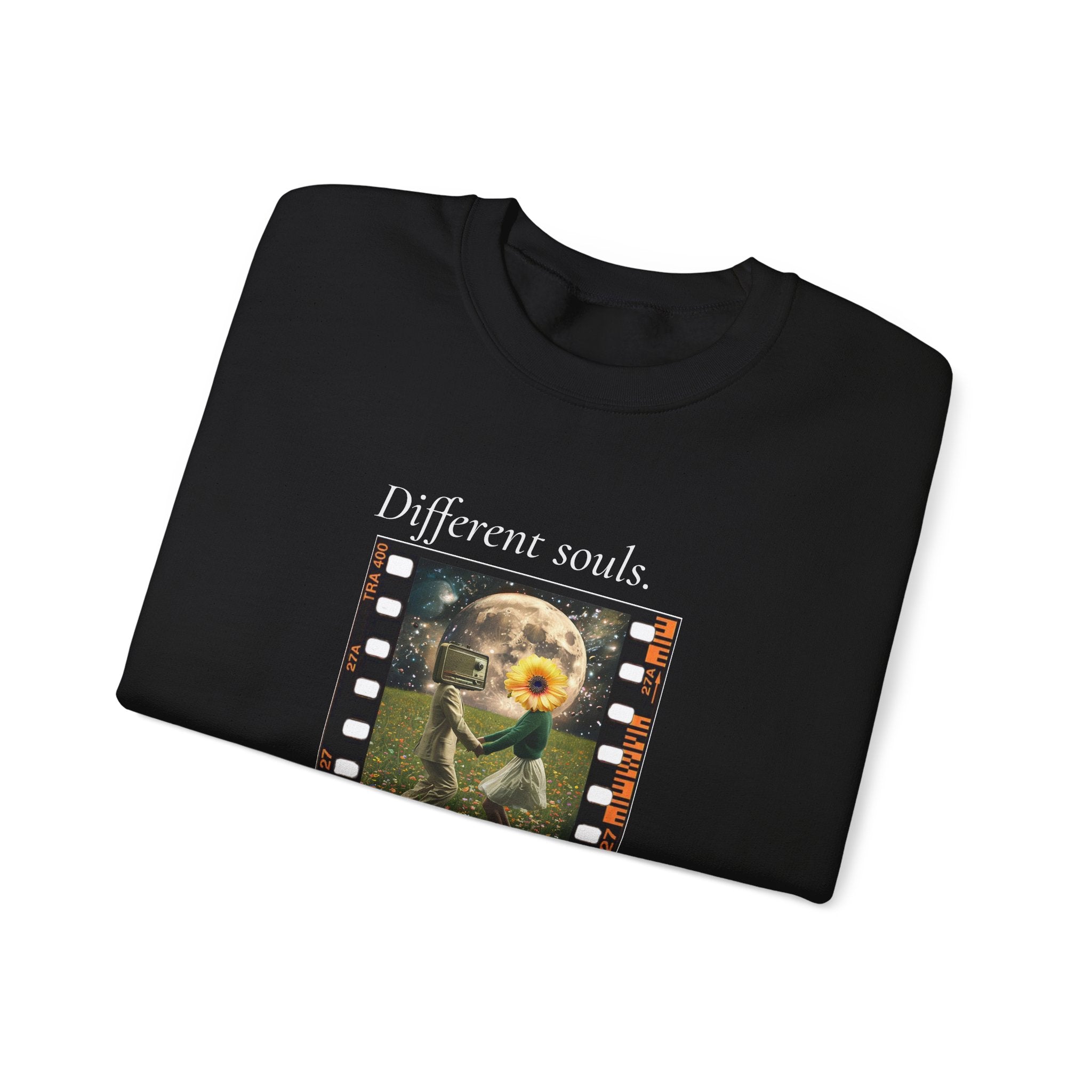 Black crewneck sweatshirt with filmstrip graphic on chest