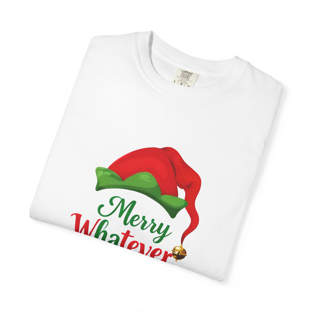 White crewneck Christmas wine tee shown at an angle with elf wine bottle front print