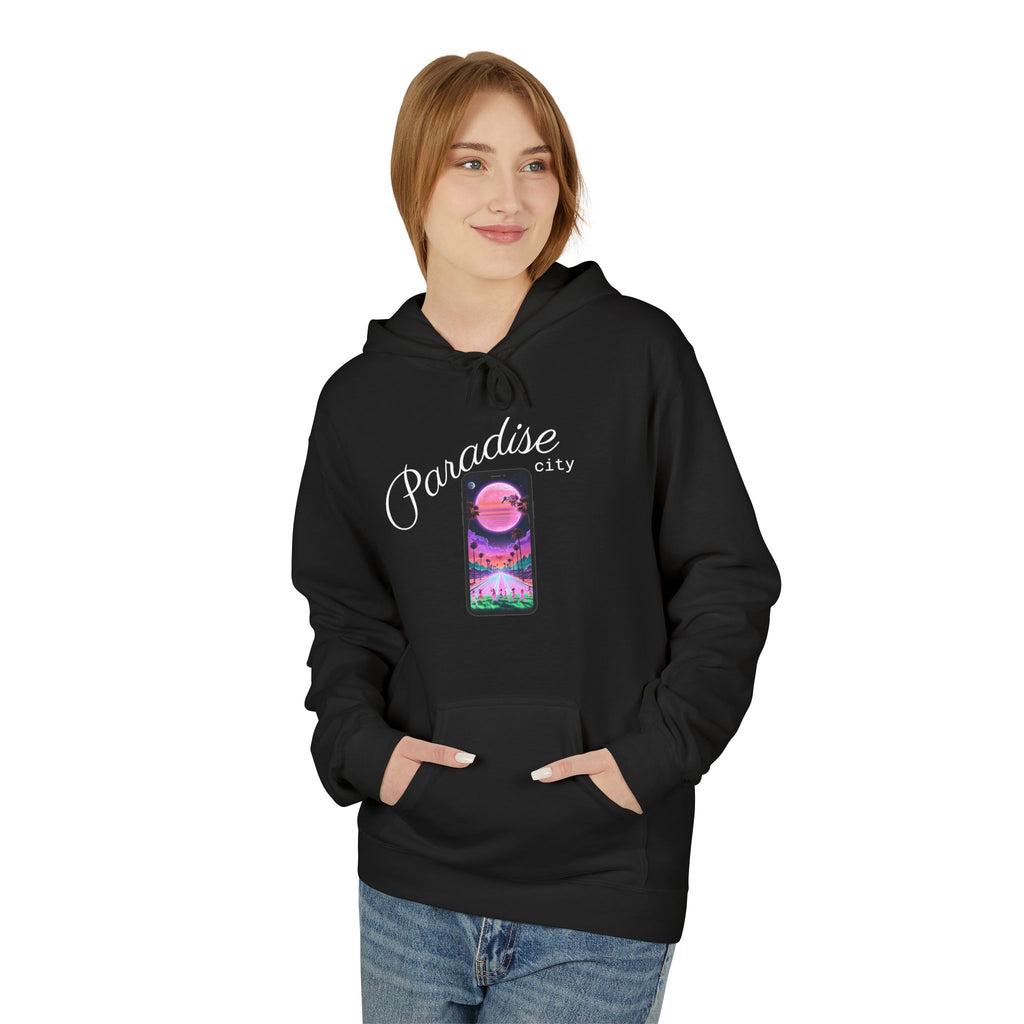 Black pullover hoodie on model with chest graphic, hood, and front pocket
