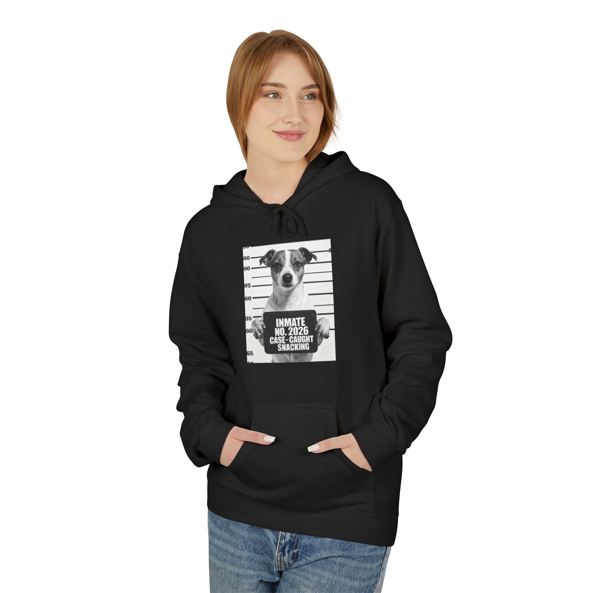 Black pullover hoodie with centered dog graphic in a square, front kangaroo pocket