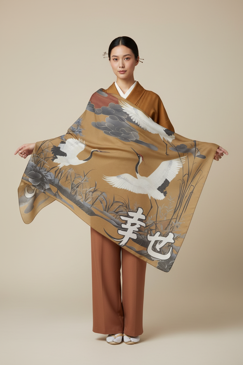 Silk-Look Crane Scarf — Lightweight East Asian Crane Fashion Scarf