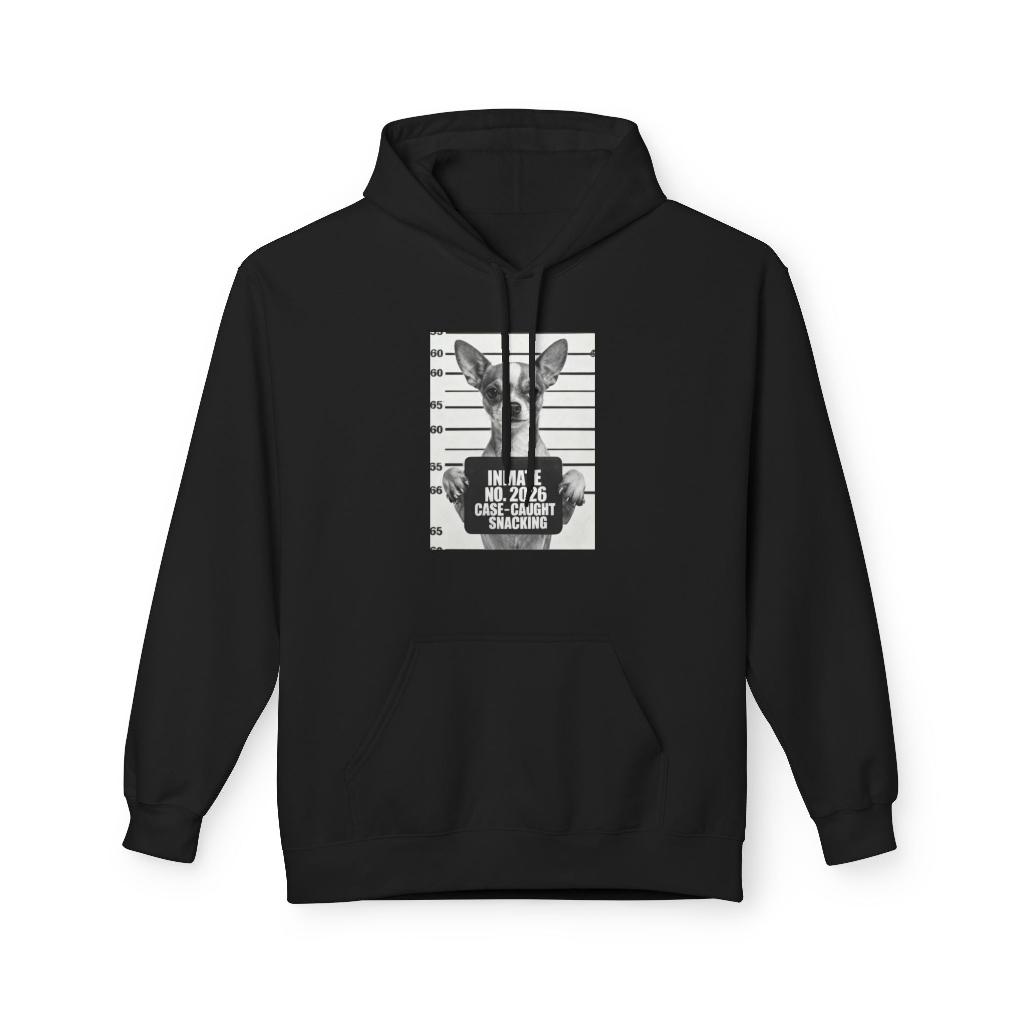 Black hoodie with front pocket and chihuahua mugshot graphic, 'INMATE 2026' text.
