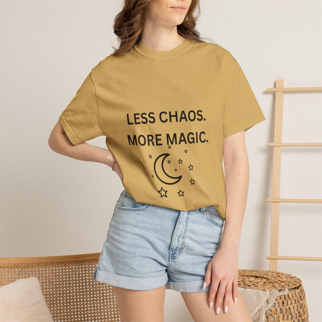 Less Chaos, More Magic T-Shirt — Crescent Moon + Stars Graphic Tee