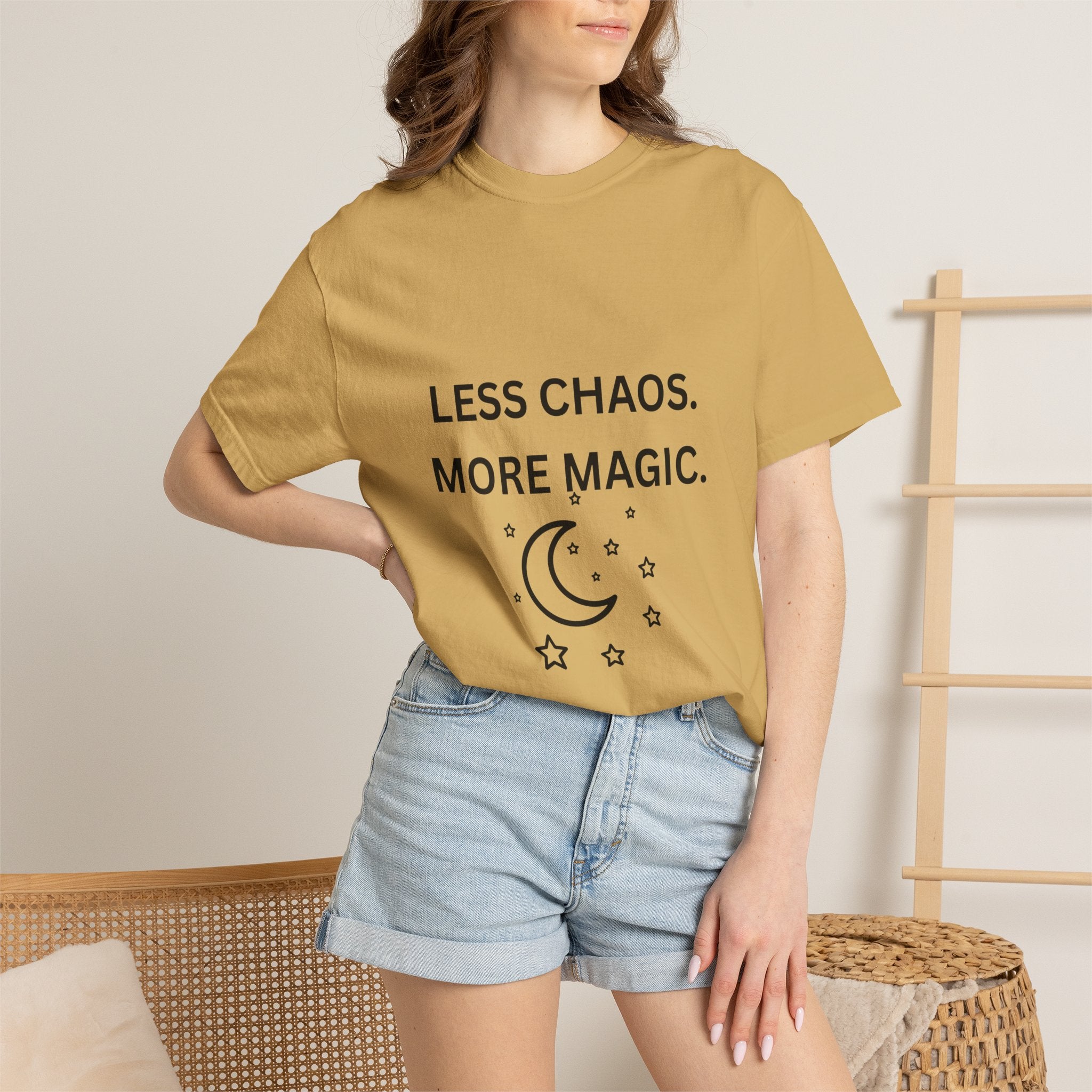 Less Chaos, More Magic T-Shirt — Crescent Moon + Stars Graphic Tee