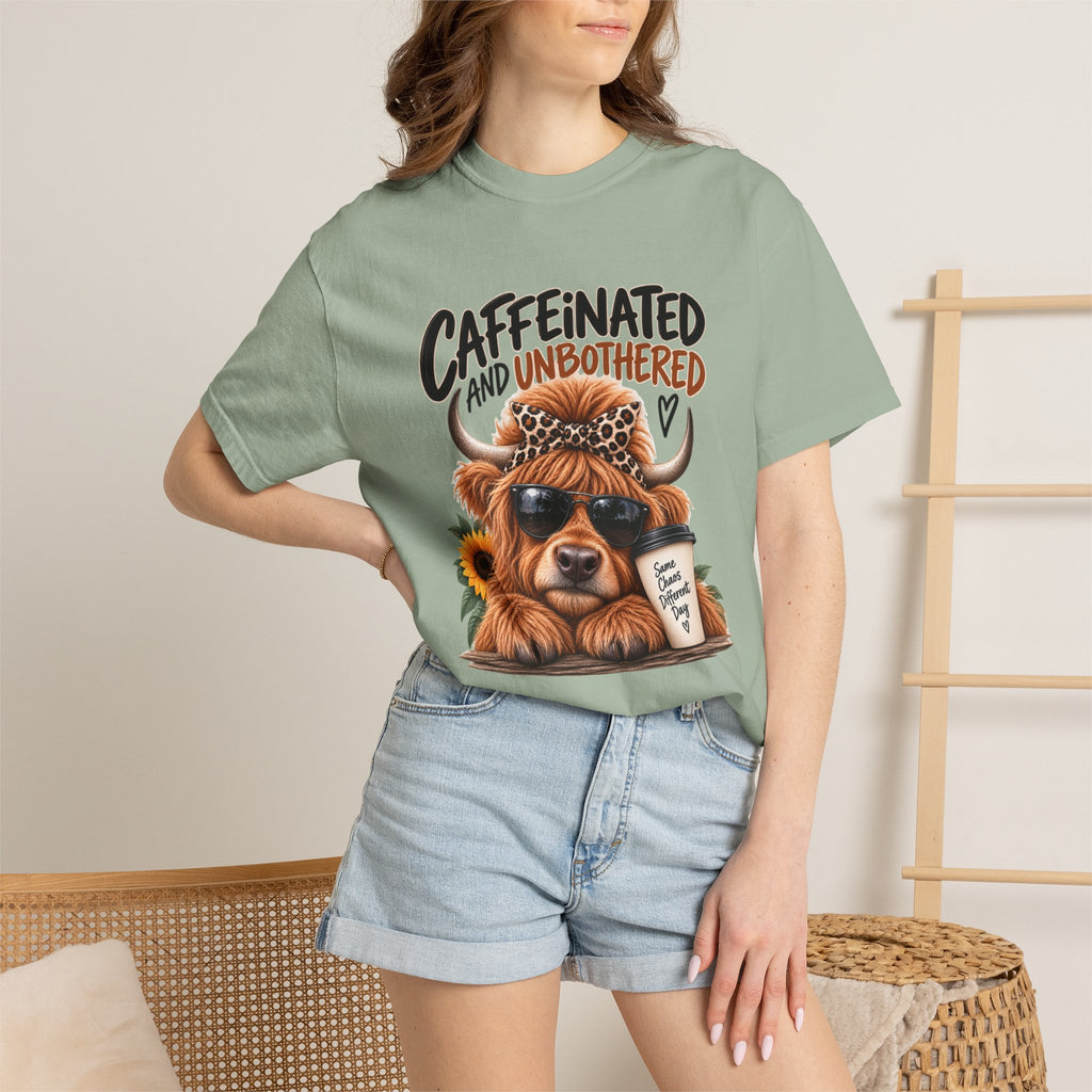 Caffeinated and Unbothered Dog T-Shirt — Cute Coffee Pup Graphic Tee