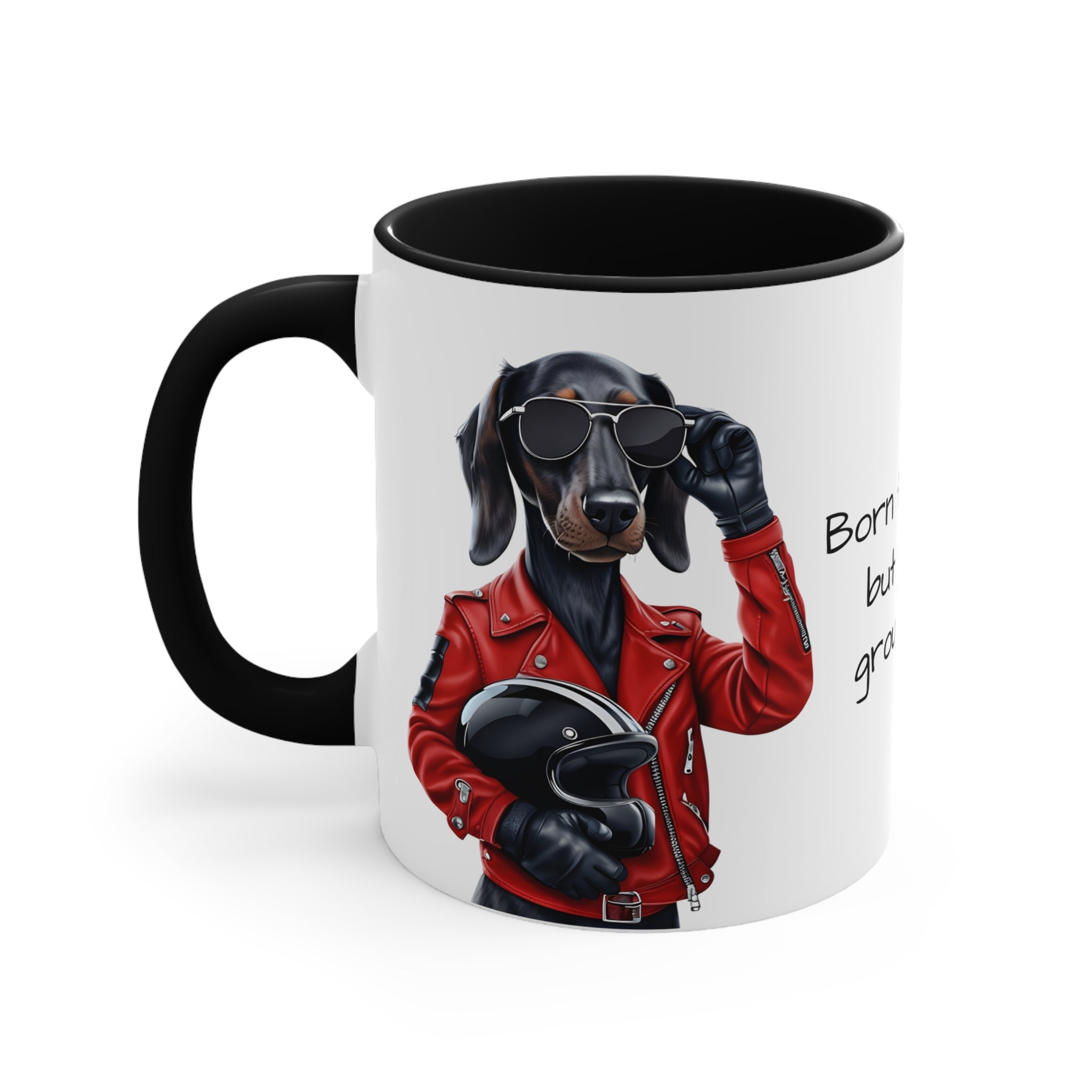 Dachshund in Motorbike Outfit Accent Mug Born to be Wild at ground level Fun Dog Lover Gift