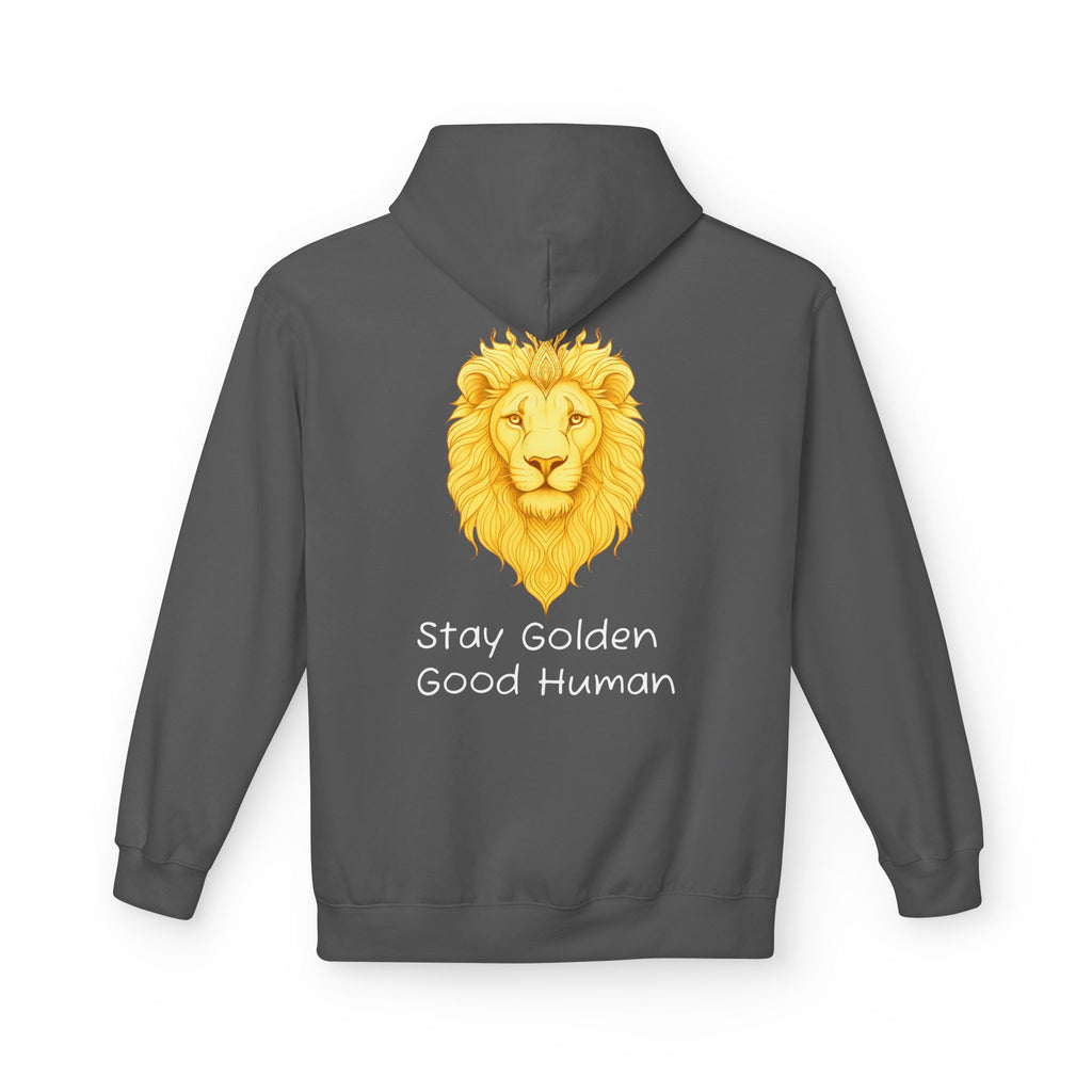 Unisex dark gray hoodie with golden lion graphic and “Stay Golden Good Human” on front