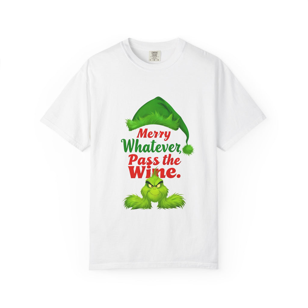 White crew-neck tee with green elf graphic and "Merry Whatever Pass the Wine" print