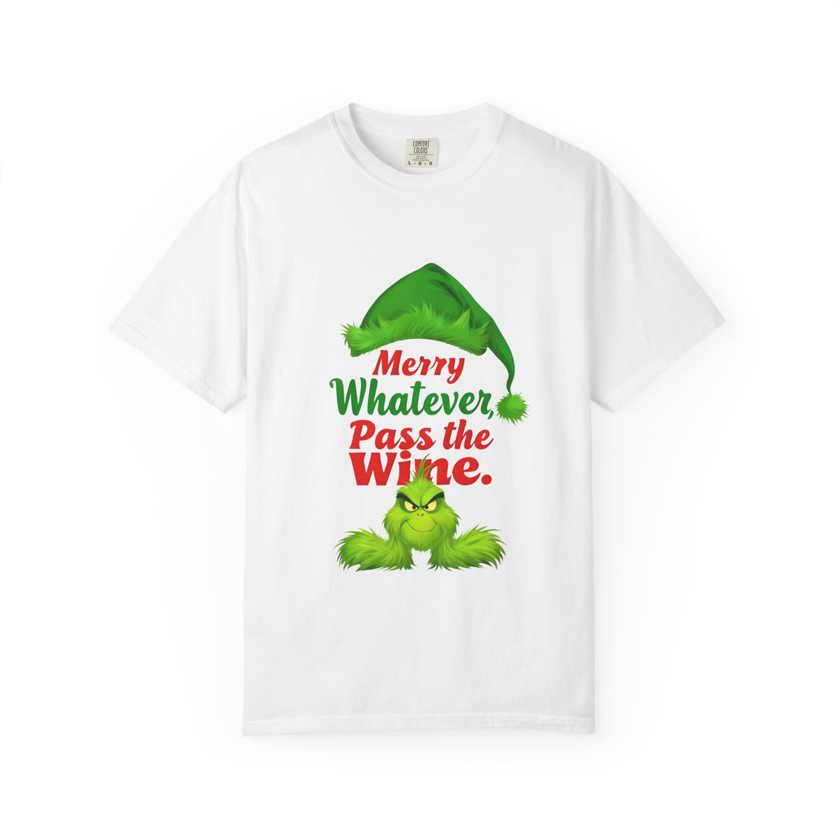 White crew-neck tee with green elf graphic and "Merry Whatever Pass the Wine" print