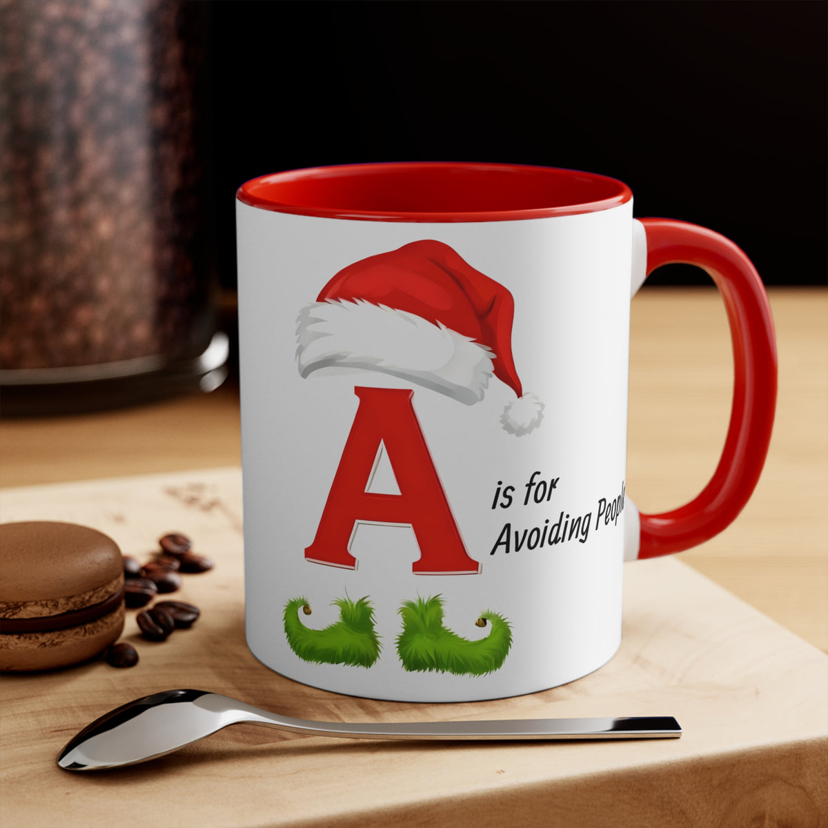 Red interior and handle mug with letter A, Santa hat, and "is for Avoiding People".