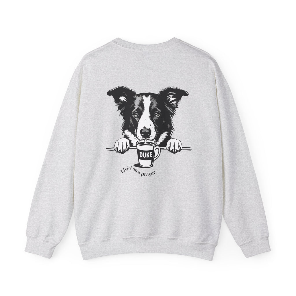 Ash crewneck sweatshirt, front view with black-and-white border collie graphic