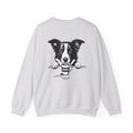 Ash crewneck sweatshirt, front view with black-and-white border collie graphic