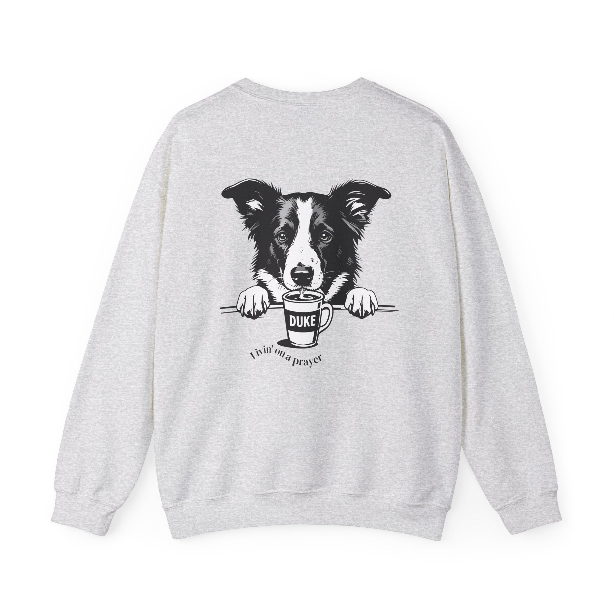Ash crewneck sweatshirt, front view with black-and-white border collie graphic