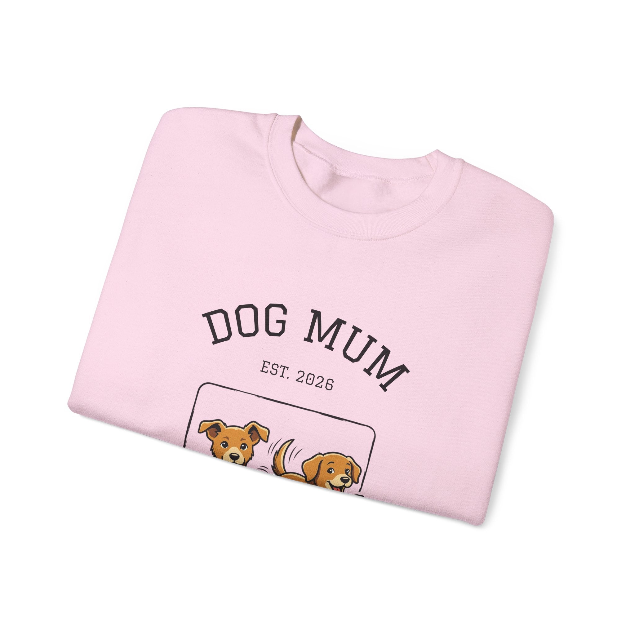Light pink crewneck sweatshirt with DOG MUM graphic and puppy illustration
