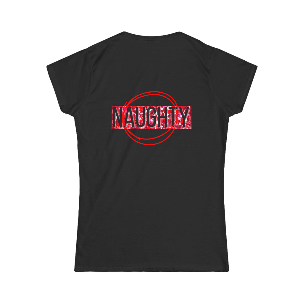 Women's tee, black with red 'NAUGHTY' back graphic stamp.
