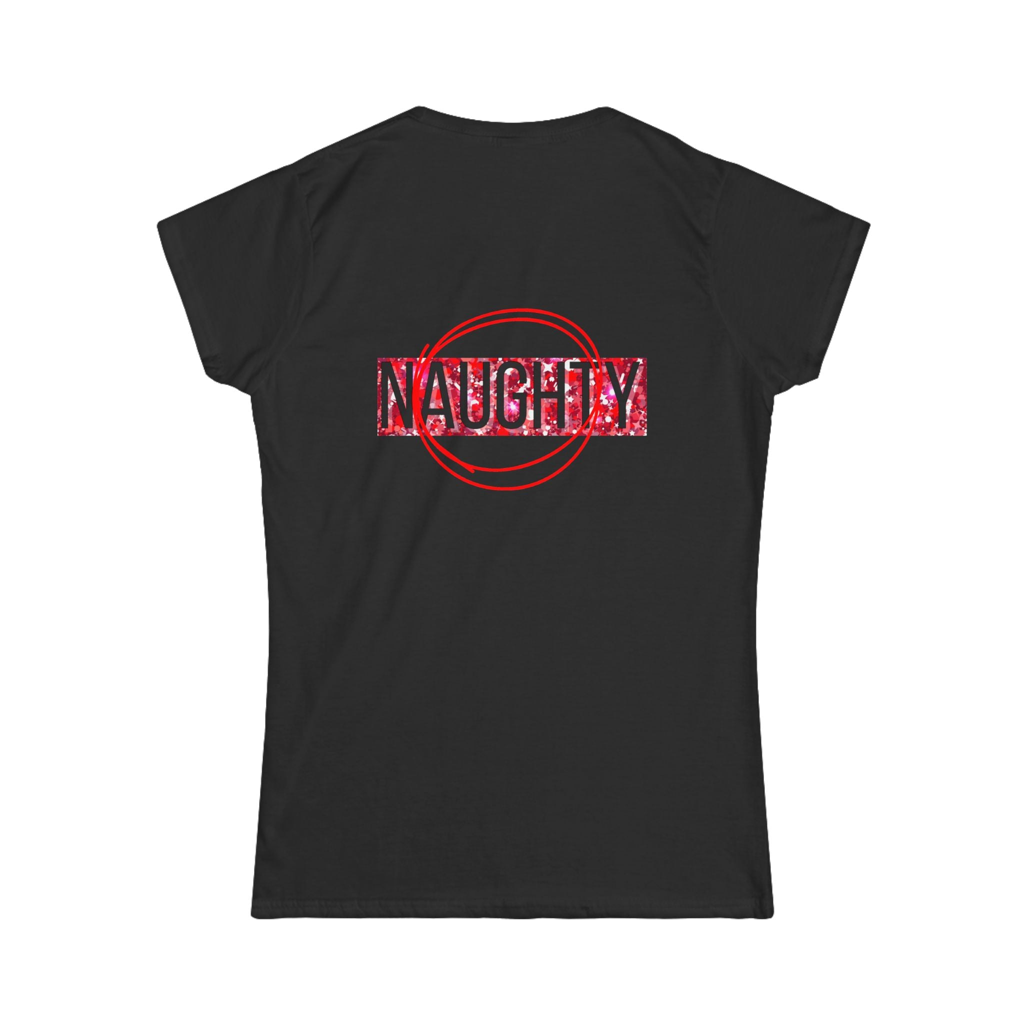 Women's tee, black with red 'NAUGHTY' back graphic stamp.