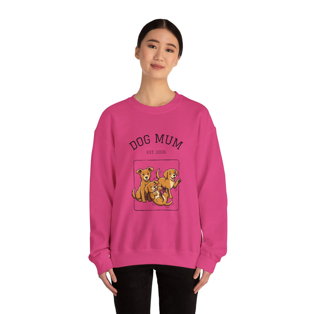 Pink crewneck sweatshirt on model, DOG MUM est. 2026 puppy graphic