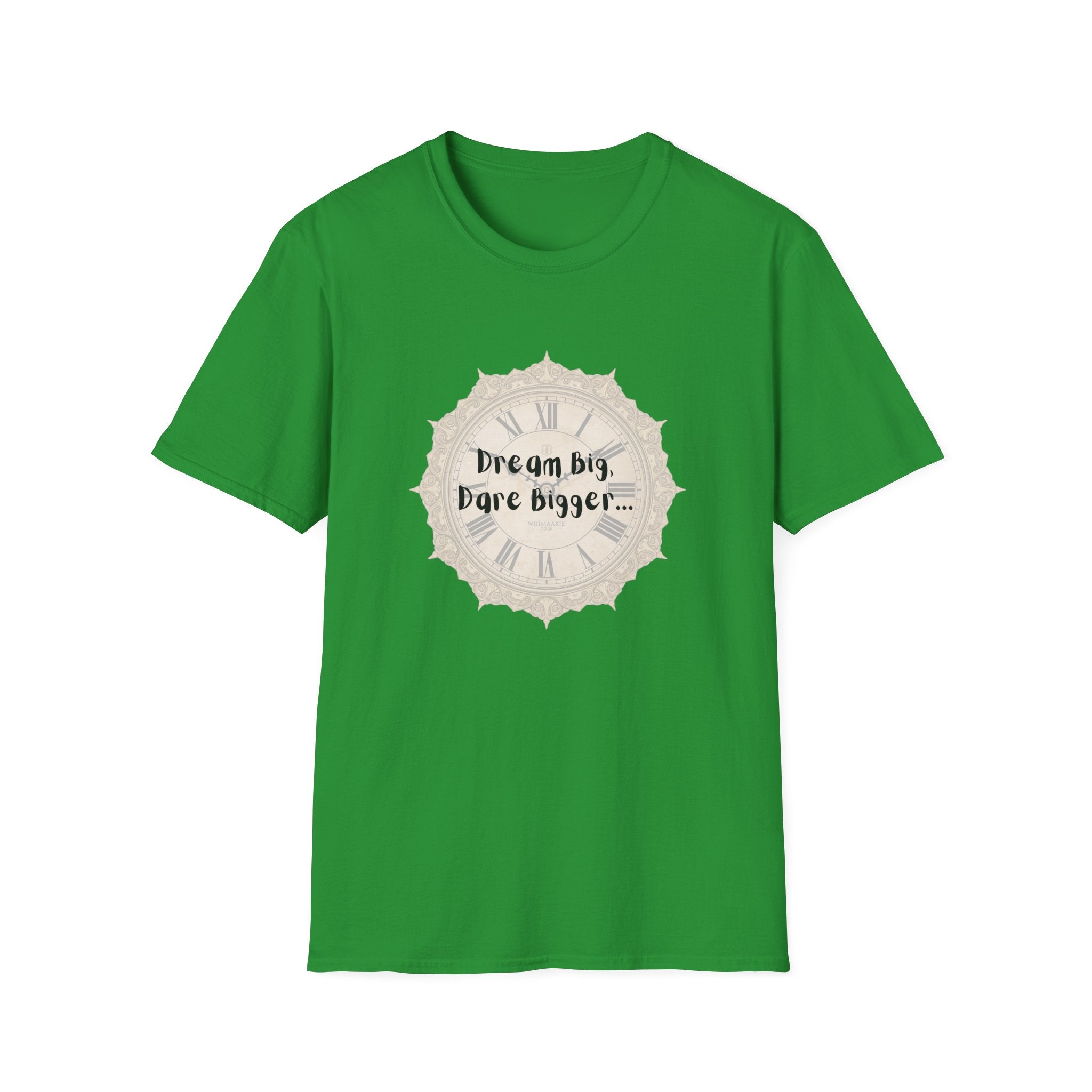 Bright green crewneck short-sleeve T-shirt with beige “Dream big, Dare bigger...” badge graphic