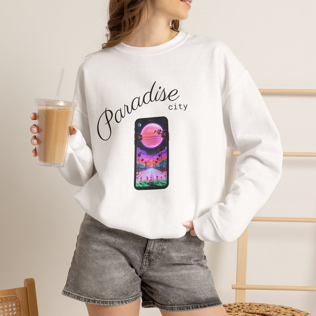 White crewneck sweatshirt on model, featuring a colorful phone sunset graphic