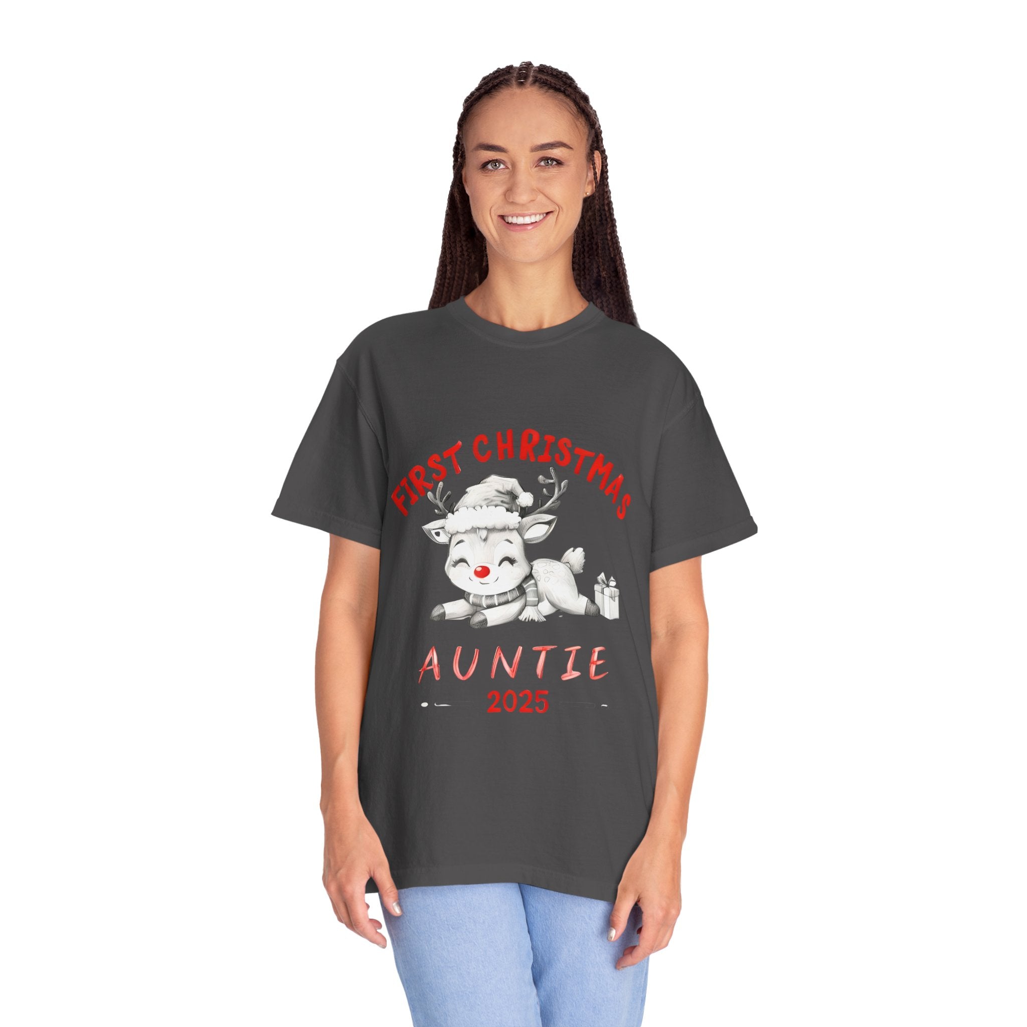 Dark gray T-shirt on model with reindeer “First Christmas Auntie 2025” graphic